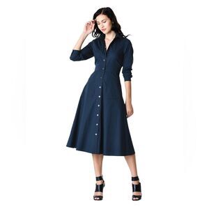 Eshakti Cotton Poplin Trapunto Waist Midi Shirtdress Womens Large 12 Navy Blue